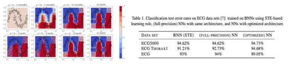 다양한 응용 데이터셋에 대한 binary 신경망의 학습 결과 (좌: two-moon dataset, 우: ECG dataset)