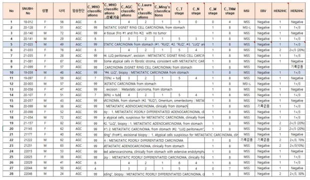 본 연구에 사용한 위암 검체의 임상 정보