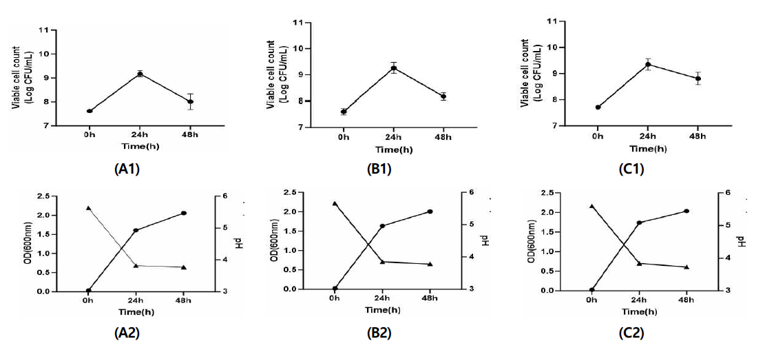 Growth curve in viable cells (A1, B1, C1) and correlation between growth and pH change (A2, B2, C2). OD value; (●), pH change; (▲), (A,): L. rhamnosus KCTC 5033, (B): L. plantarum SMF470, (C): L. plantarum SMF796