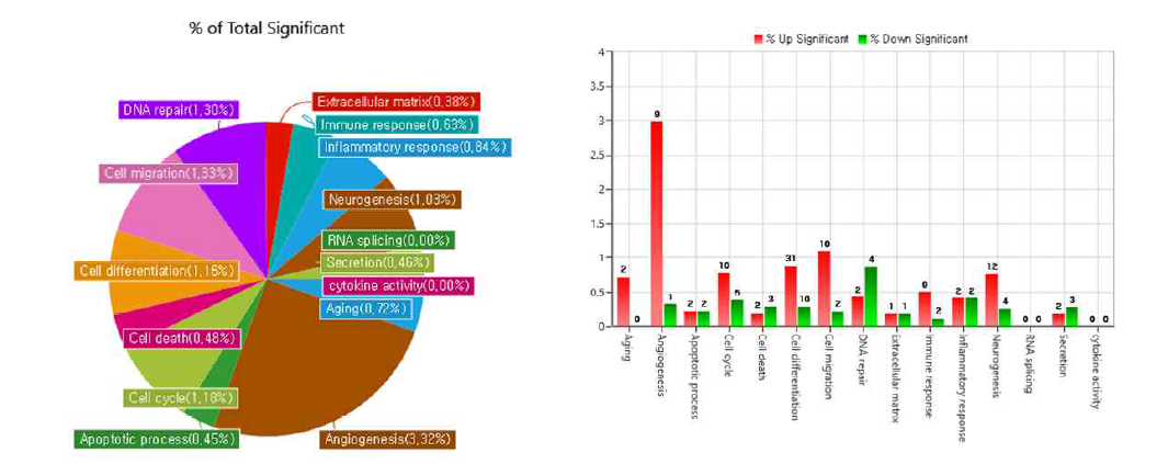 대조군과 골근감소증에서 발현 변화를 보이는 유전자의 Gene ontology에 따른 분류