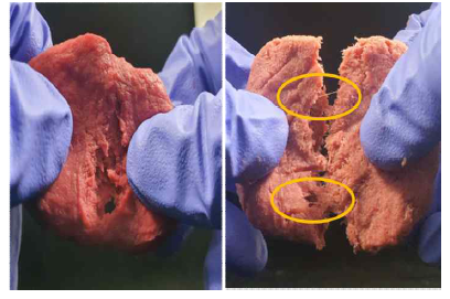 Appearance views of 3D structure of printed optimal meat analogs and printed optimal meat analogs with fiber mats added