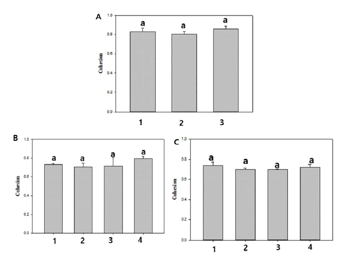 Cohesion of printed phytosterol-oleogel ink. A, 8% Phytosterol; B, 16% Phytosterol; C, 20% Phytosterol. 1, β-sitosterol:γ-oryzanol=20:80; 2, β-sitosterol:γ -oryzanol= 40:60; 3, β-sitosterol:γ-oryzanol=60:40; 4, β-sitosterol:γ-oryzanol= 80:20. *Values are mean ± SD (n=3). Values with different alphabet letter significantly different at p<0.05 (ANOVA with post-hoe by Duncan test)