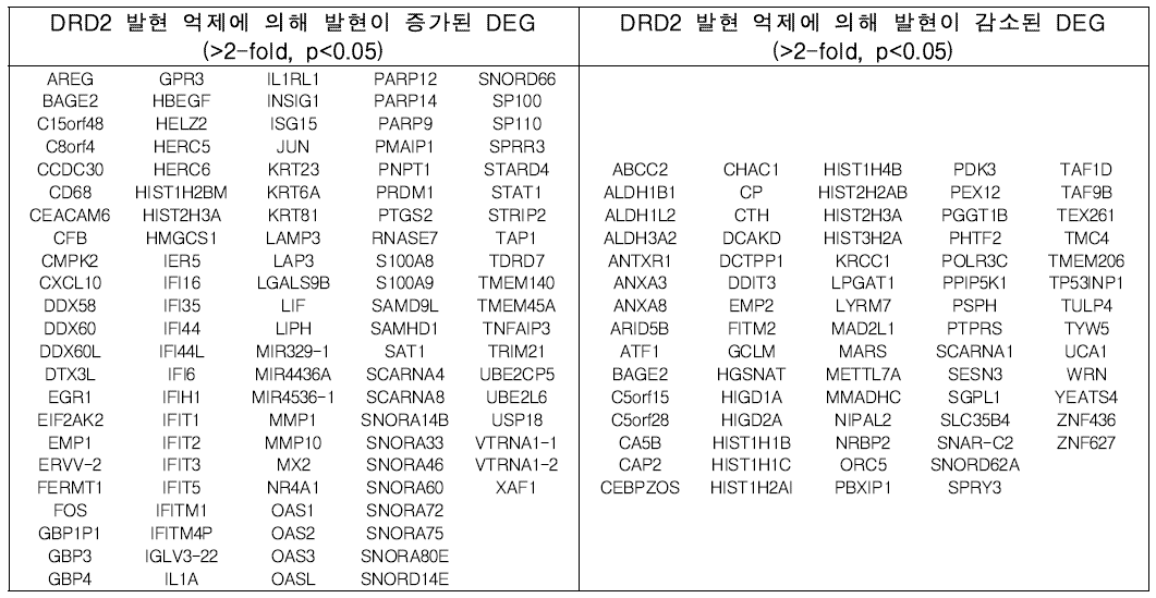 각 유형별 유방암 세포주에서 DRD2 발현 억제에 의한 DEG