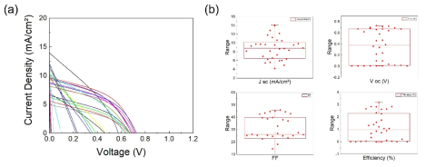 페로브스카이트 단결정 박막을 이용한 태양전지의 (a) J-V curve 및 (b) parameter 통계