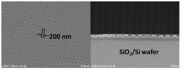 200nm급 나노홀 패턴이 형성된 기판의 (a) 광학 및 (b)SEM 이미지