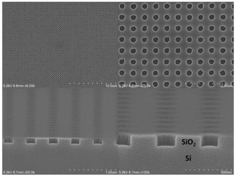 직경 200nm의 SiO2나노홀 패턴이 형성된 Si기판의 SEM 이미지