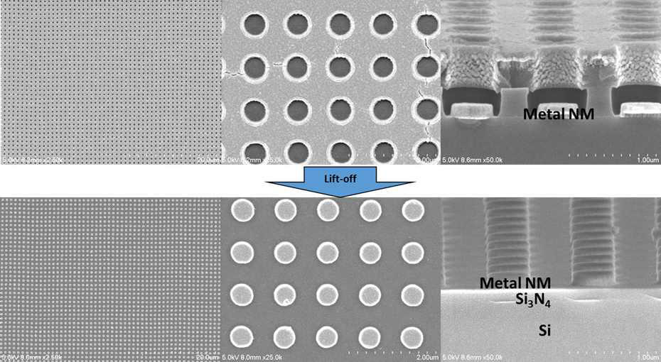 Ni, Cr 증착 및 리프트 오프 공정을 통한 Ni/Cr 금속마스크 형성한 기판의 SEM 이미지