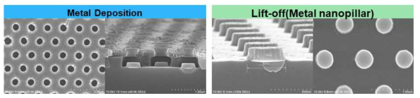 Metal Deposition 및 리프트오프 공정을 통해 제작된 금속 나노마스크의 SEM 이미지