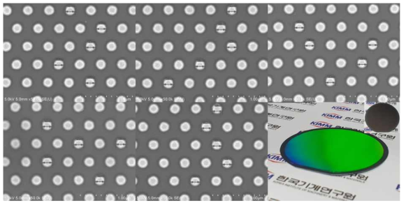 서로 다른 다섯 위치의 SEM 이미지 및 200 nm급 나노마스크가 형성된 2인치 Si wafer