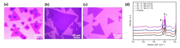 (a) Zn-MoS2 (b) V-MoS2 (c) Zn-V-MoS2의 광학이미지, (d) Zn, V, Mo 비율에 따른 Zn-V-MoS2의 Raman 스펙트럼