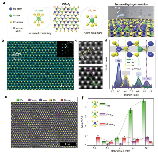 V-MoS2의 구조와 수소 발생 반응, (b,c) ADF-STEM을 이용한 V-MoS2의 분석결과와 흰색 상자 영역의 STEM 이미지, (d) 세기 프로필, (e) V-MoS2의 False-colored ADF-STEM 이미지, (f) V와 Mo의 전구체 비율에 따른 결함 비율