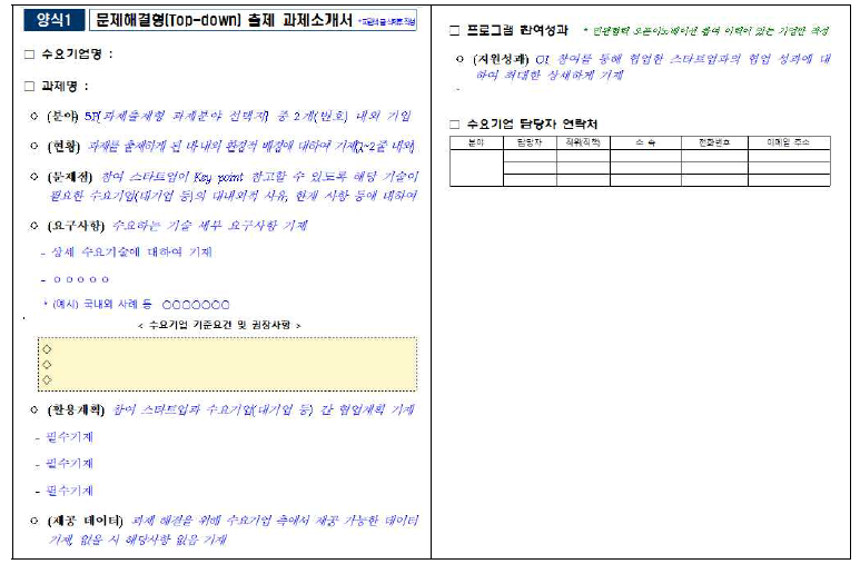 민관협력 오픈이노베이션 지원사업 – 문제해결형 과제소개서 양식