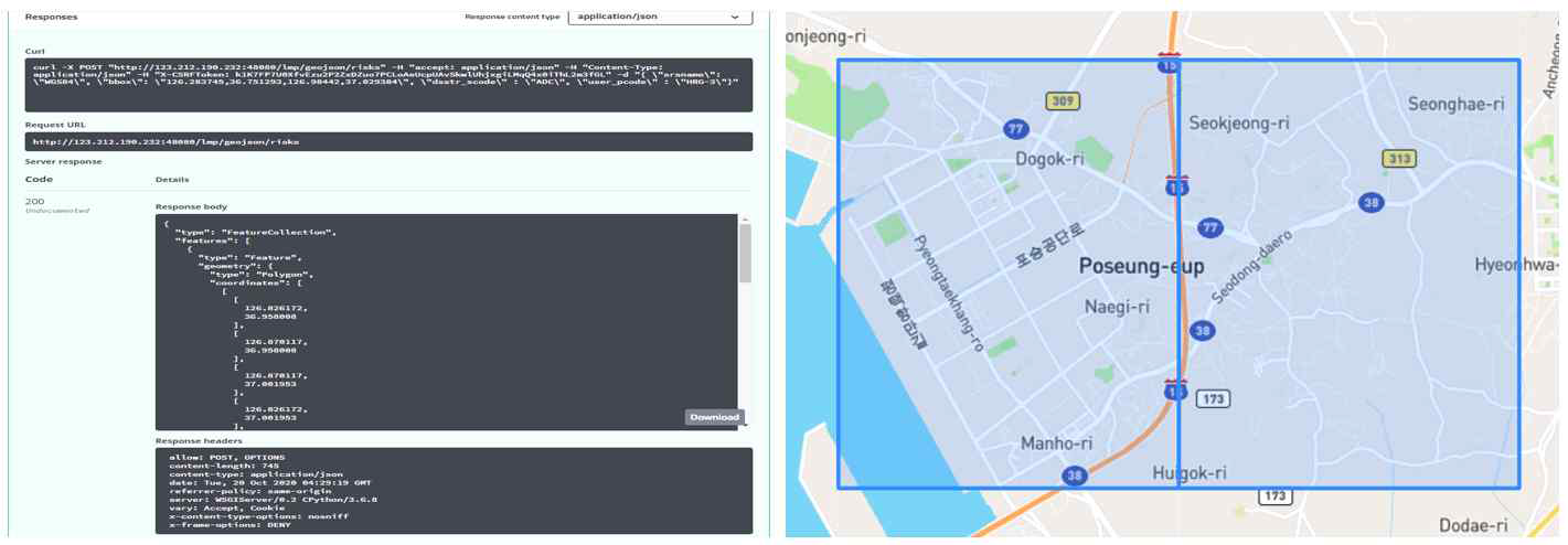 GeoJSON 데이터 응답화면 및 화면표출 결과