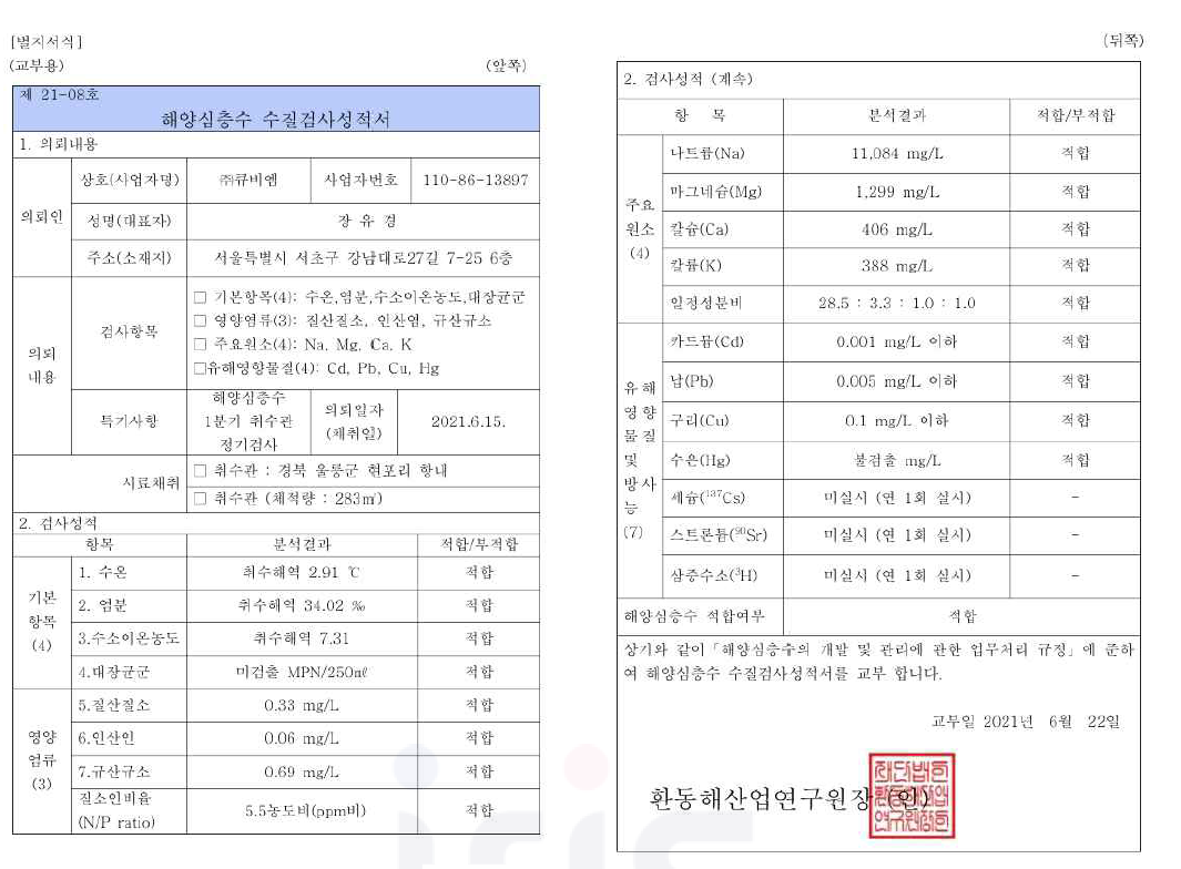 해양심층수 원수 수질검사 성적서