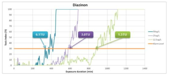 다이아지논 독성시료의 농도별 24시간 측정된 TI와 독성 유입이 검출된 TU
