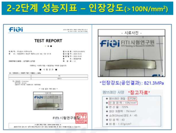 본 연구개발을 통한 산기관 시제품(2-2단계)의 인장강도 공인평가