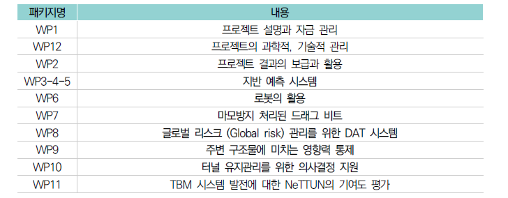 NeTTUN의 작업분류 패키지(WP) 및 내용