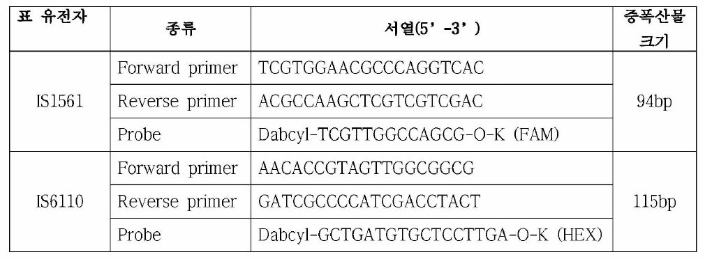 개발 PCR 진단법의 프라이머 및 프로브 정보