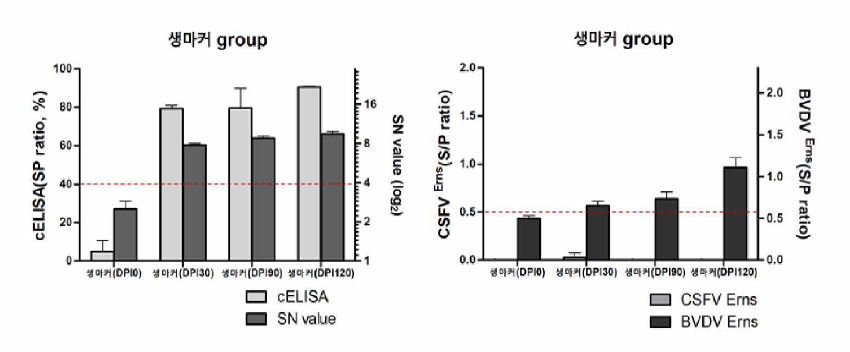 돼지열병 생마커 시간 경과별 면역원성 결과