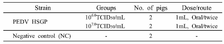 PED 경구용 생백신 후보주(HSGP) 목적동물에서 면역원성 실험