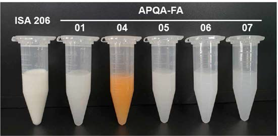 Stability of new non-oil adjuvant components (APQA-FA01, 04，05，06 and 07) according to stored at room temperatures for 168 days