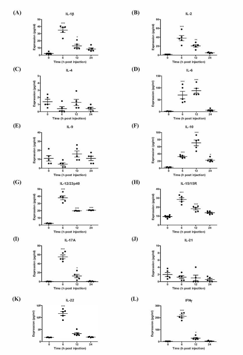 rpHSP70-AD mediated cytokine expression and temporal kinetics in vivo The data are represented ad the mean土SEM of triplicate meas니rements (n=5/|ro니p). Statistical analyses were performed 니sing one-way ANOVA followed by T니ke/s posthoc test. *p < 0.05; **p < 0.01; ***p < 0.001
