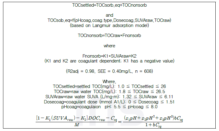 기존 모델을 활용한 응집에 의한 NOM 제거율 계산식 (WTP, Stimela)