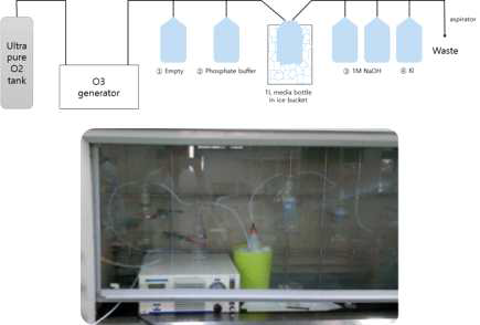 (위) 연구실 스케일 오존 반응기 모식도 (아래) 실제 설치 사진