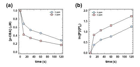촉매 bed와의 접촉시간에 따른 수산화 라디칼 probe 물질의 분해 (a) μM 단위와 (b) log scale ([O3]0 = 0, 2 ppm, [p-CBA] = 1μM in DI)
