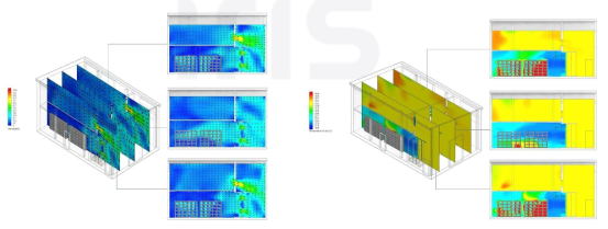 데이터센터 서버랙 수직 단면 속도(좌) 및 온도(우)분포