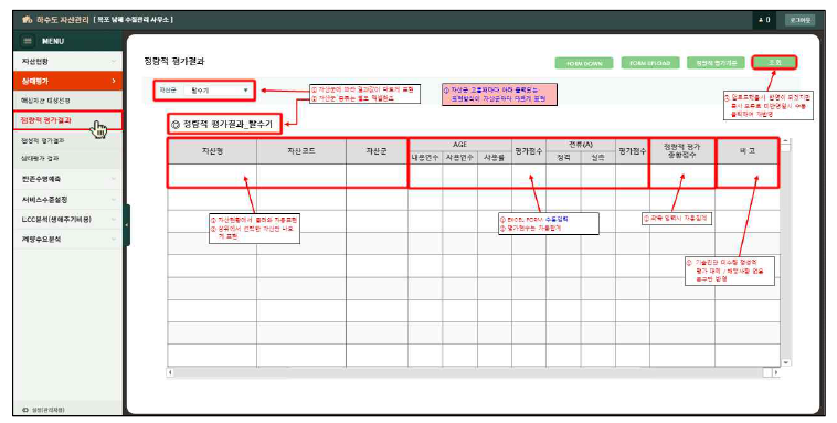 정량적 평가 메뉴 화면