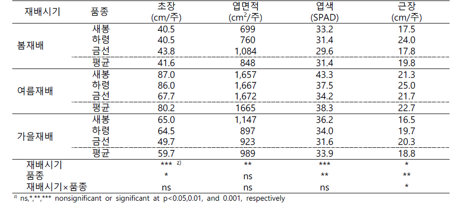 배지경 재배시기 시험 잎줄기 생육 특성(2021)
