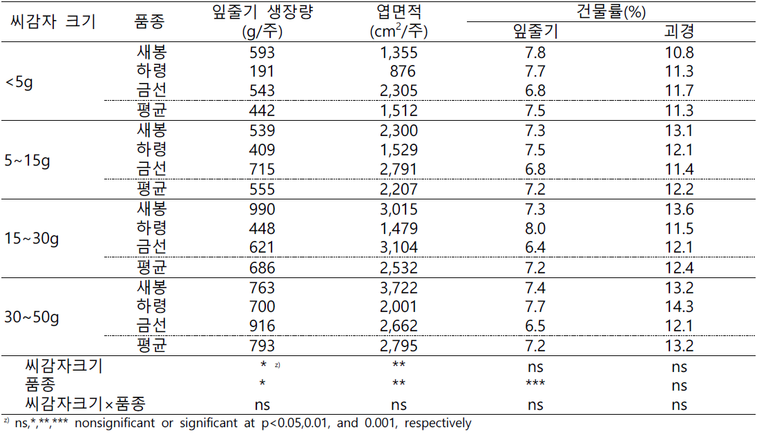 배지경 재배산 씨감자 크기 시험 식물체 생육 특성(2022)