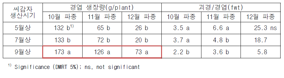 잎줄기 및 괴경 생장 특성