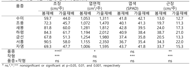 품종 특성 시험 식물체 생육 특성(2020)