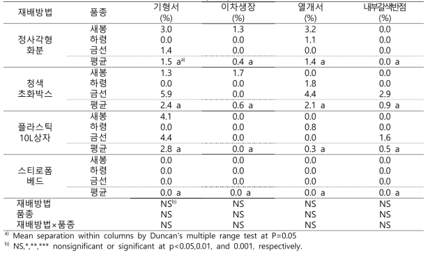 배지경 재배방법 시험 괴경 생리장해 발생(2019)