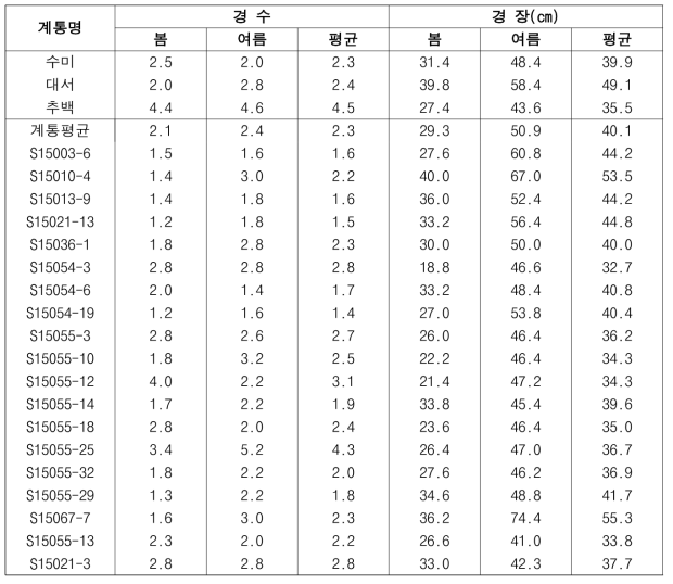 2019년도 생산력검정예비시험 주요 계통의 생장 특성