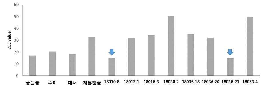 생산력검정 예비시험 주요 계통 갈변 조사양상 비교(△E value : √(△L2+△a2+△b2 주)) 주) L값: 명도, a값: 적색도, b값: 황색도