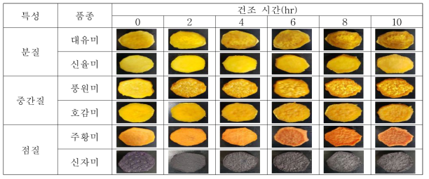 증자후 건조시간에 따른 고구마 품종 특성별 색상의 변화