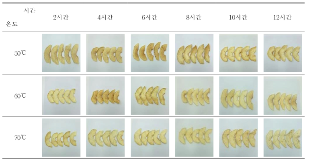 건조시간과 온도에 따라 제조한 홍로 사과칩의 외관 변화