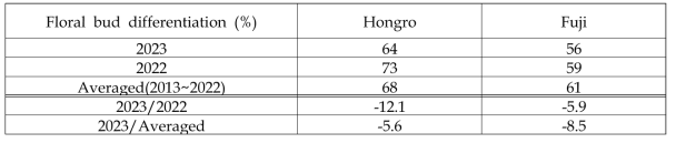 후지, 홍로 사과 꽃눈분화율(2022~2023)