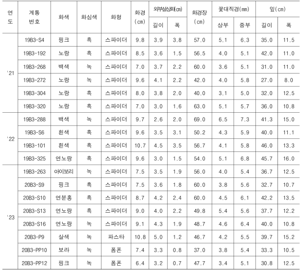 특이화형 거베라 1·2차 특성검정 선발계통의 생육 및 개화 특성