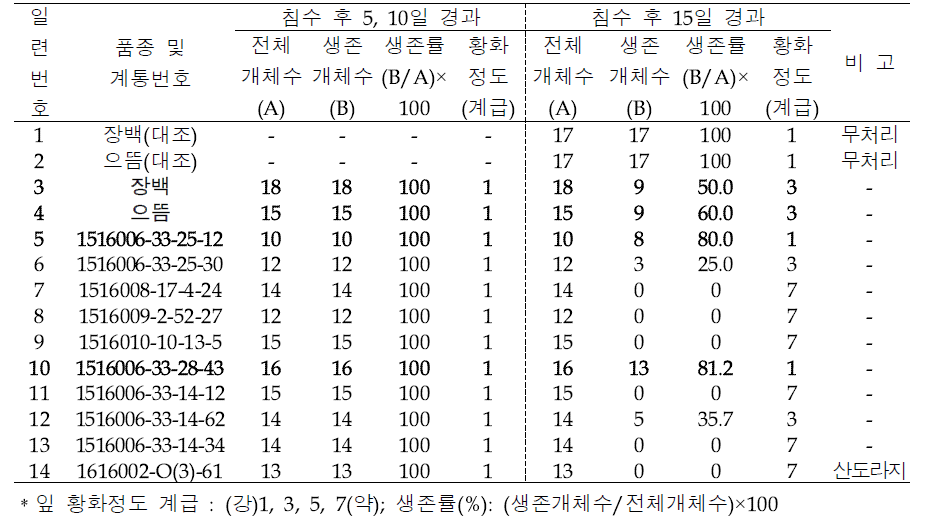 생육중기 포트 활용 침수처리 후 생존율 및 잎 황화정도 조사(2020)