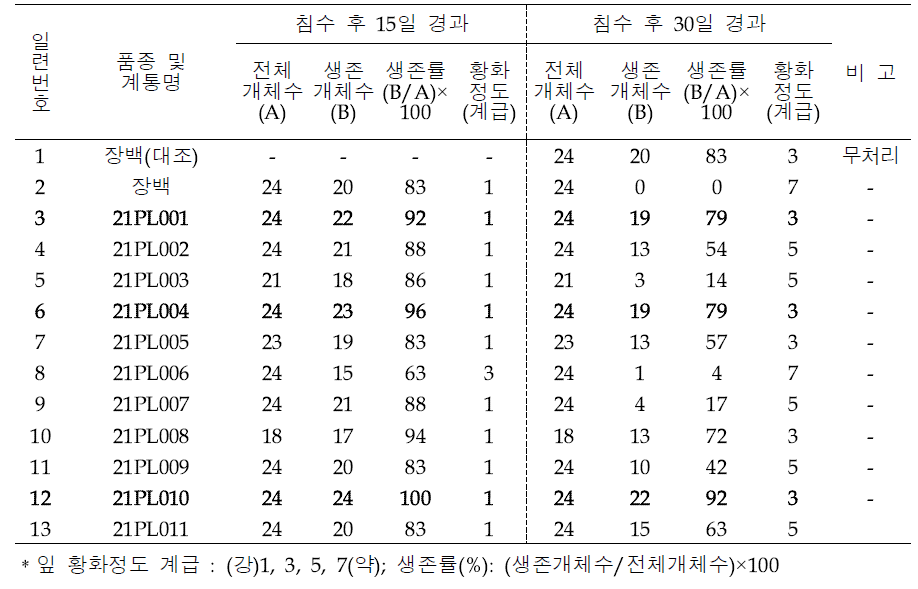 유묘기 침수처리 후 생존율 및 잎 황화정도 조사(2021)