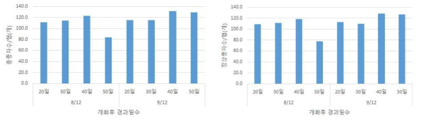 개화 후 경과일 수에 따른 총종자수(좌), 정상종자수(우)(2020)