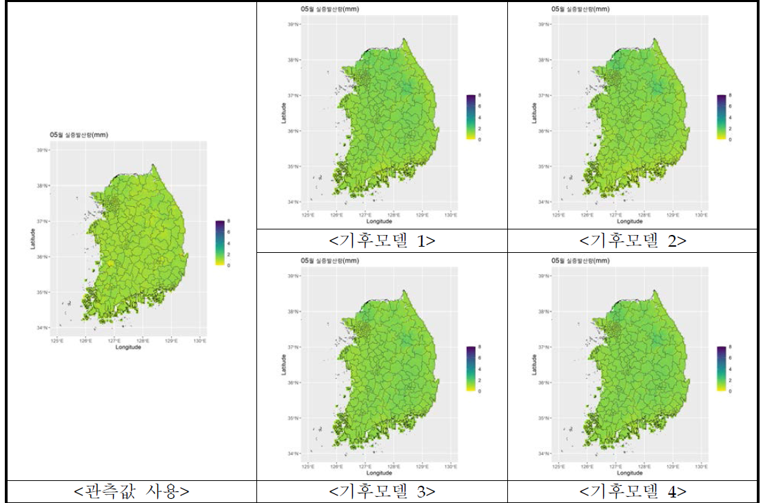 2월 기준 5월의 밭 콩 증발산량 미래전망 결과 및 관측값과의 비교