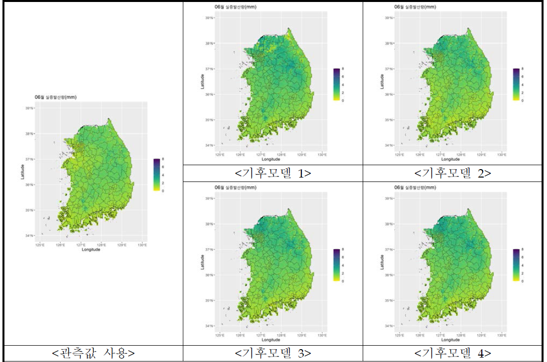 2월 기준 6월의 밭 콩 증발산량 미래전망 결과 및 관측값과의 비교