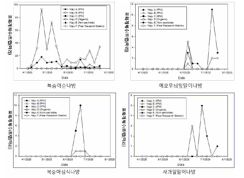 시기별 배 나방류 해충 성페로몬 포획개체수 변화