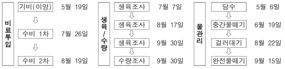 영농관리 일정(품종: 동진찰벼, 이앙: 5월19일, 수확: 10월 5일)