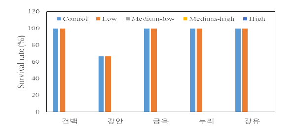 토양 염농도에 따른 품종별 생존율.